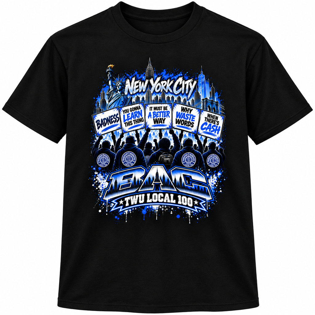 BAC TWU Local 100 black short sleeve T-shirt centered graphic mockup