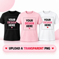 Custom photo T-shirts in black, pink and white with upload your transparent PNG instructions