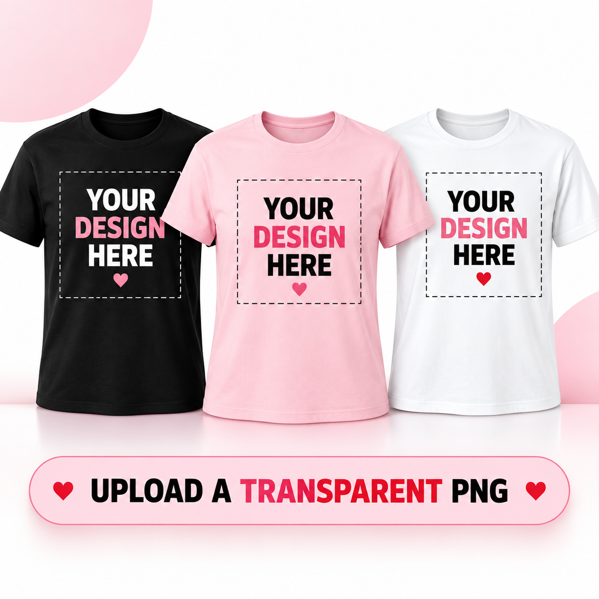 Custom photo T-shirts in black, pink and white with upload your transparent PNG instructions