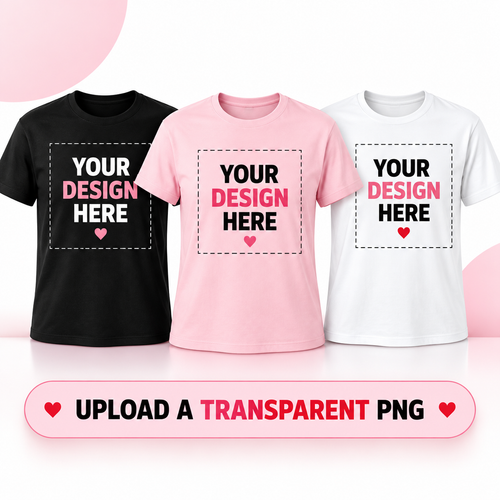 Custom photo T-shirts in black, pink and white with upload your transparent PNG instructions