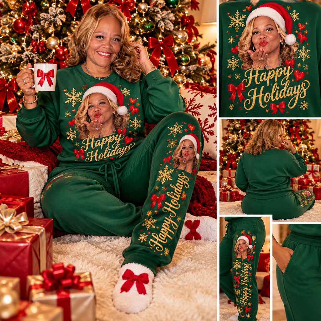 Green Happy Holidays custom photo lounge pajama set