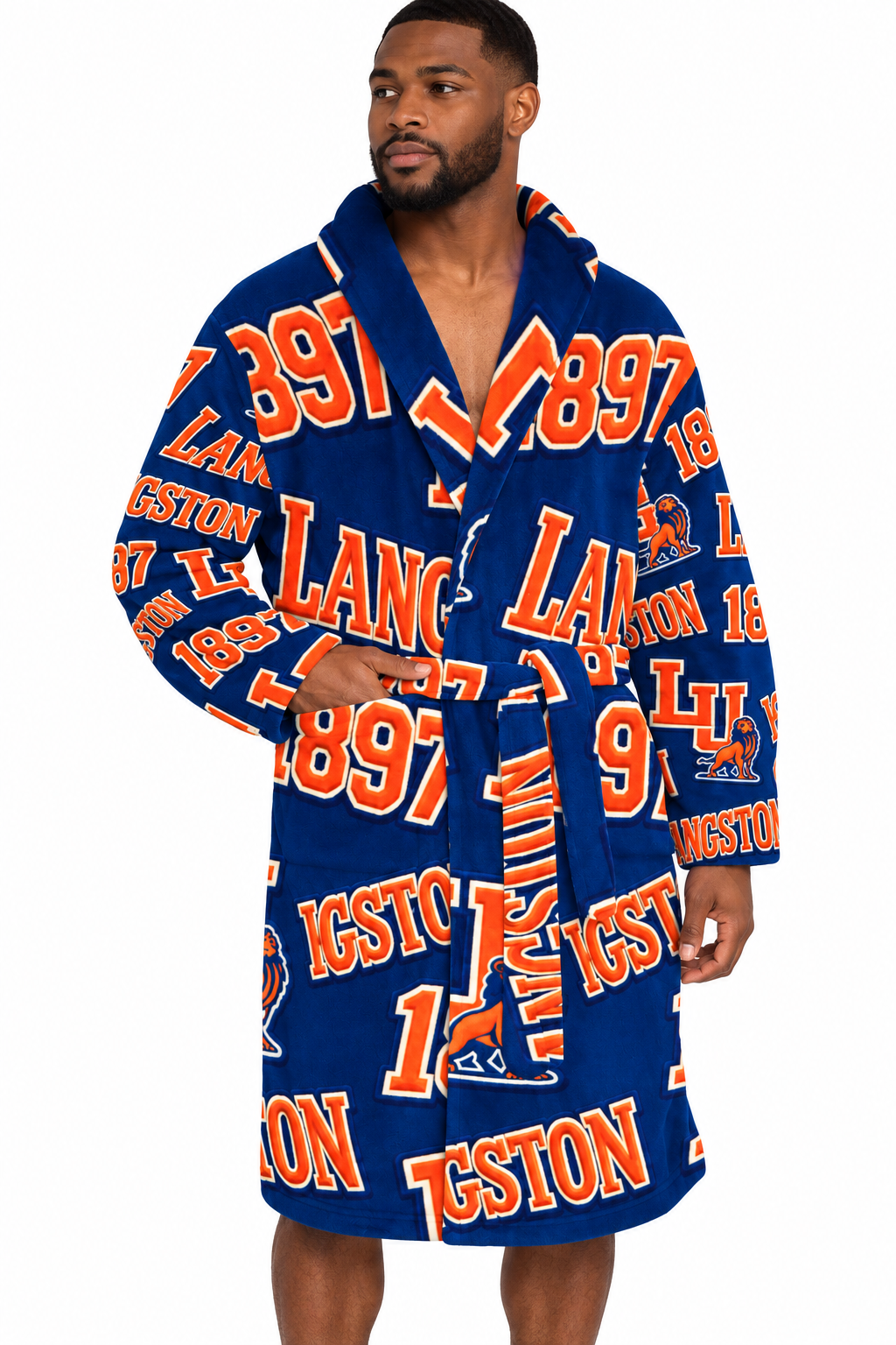 Langston University HBCU plush robe on Black male model