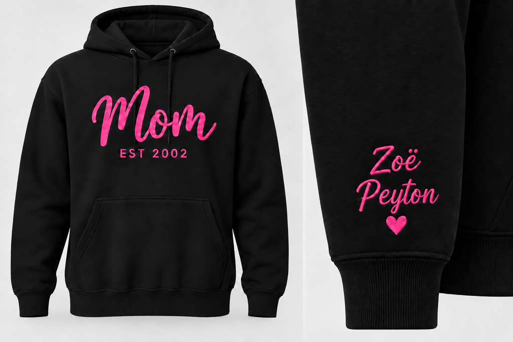 Black embroidered Mom EST 2002 hoodie with personalized Zoë and Peyton sleeve and heart