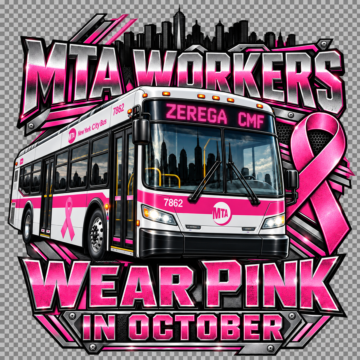 MTA Workers Wear Pink in October – Festive Zerega Bus