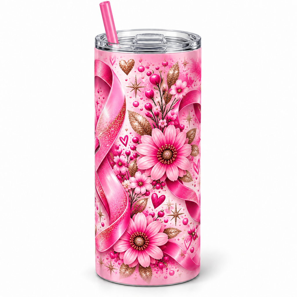 Back view of Think Pink Fight Together 20 ounce tumbler