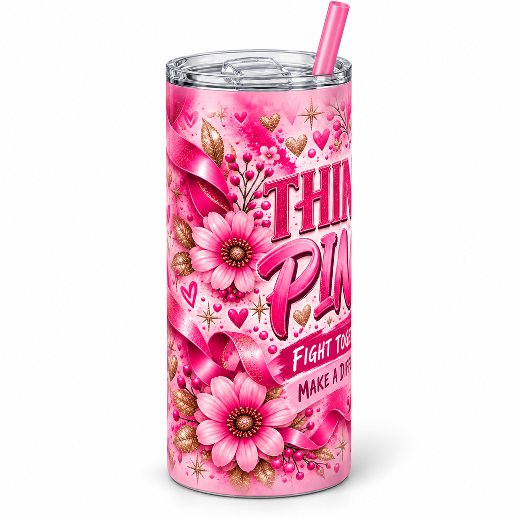 Side view of Think Pink Fight Together 20 ounce tumbler