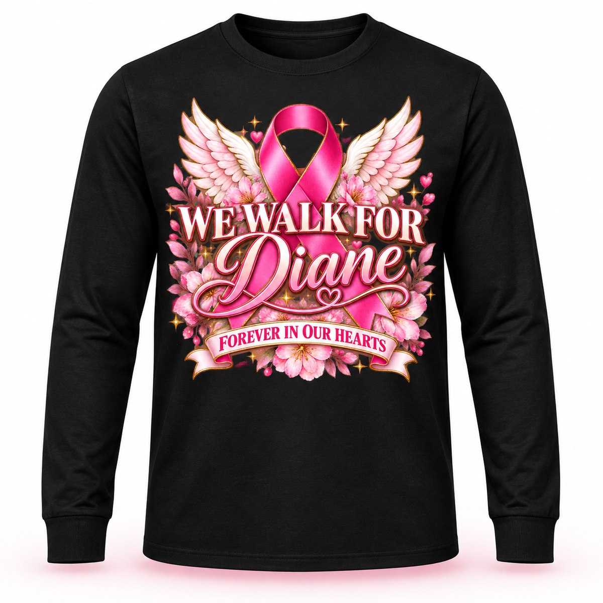 We Walk for Diane black long-sleeve breast cancer memorial shirt